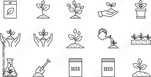 Minimal line icon set of planting seeds gardening growth care watering seedlings and eco agriculture symbols for nature farming and sustainability concepts