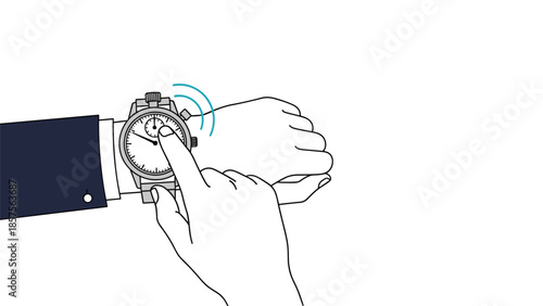 Line art animation of a hand in a suit sleeve tapping a modern smartwatch with a chronograph face on a white background.