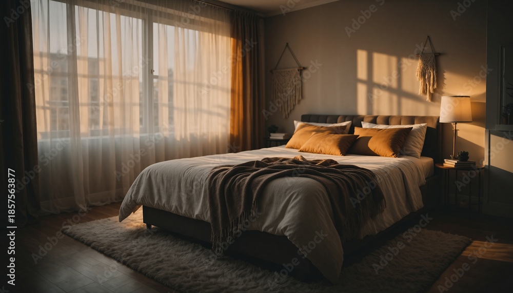 Obraz premium Cozy bedroom bathed in golden sunlight shining through the window