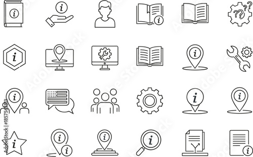 Minimal line icon set of information help support guidance knowledge resources and service symbols for user assistance and business communication concepts