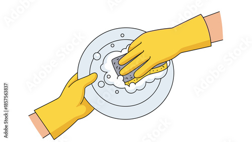 Cartoon illustration of hands wearing yellow rubber gloves washing a white plate with a sudsy sponge on a white background.