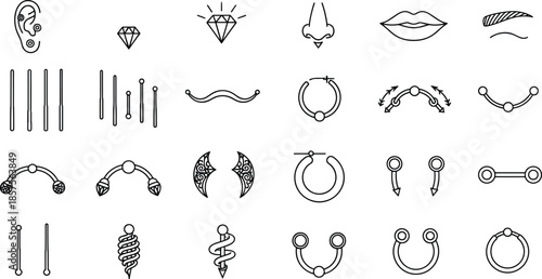 Minimal line icon set of body piercing jewelry featuring nose rings ear bars lips studs hoops and decorative accessories for fashion and beauty concepts