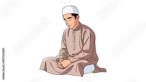 Illustration of a man sitting cross-legged wearing traditional Islamic clothing and a white cap on a plain white background.