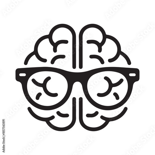 A black line art illustration of a brain with eyeglasses on it