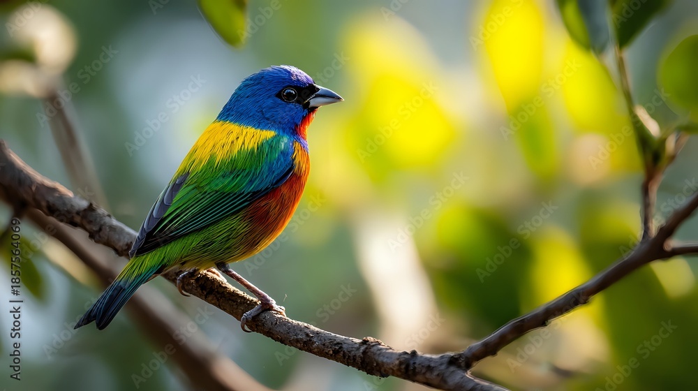 Fototapeta premium Colorful bird perched on branch with blurred nature background in bright daylight, emphasizing wildlife photography and vibrant natural tones