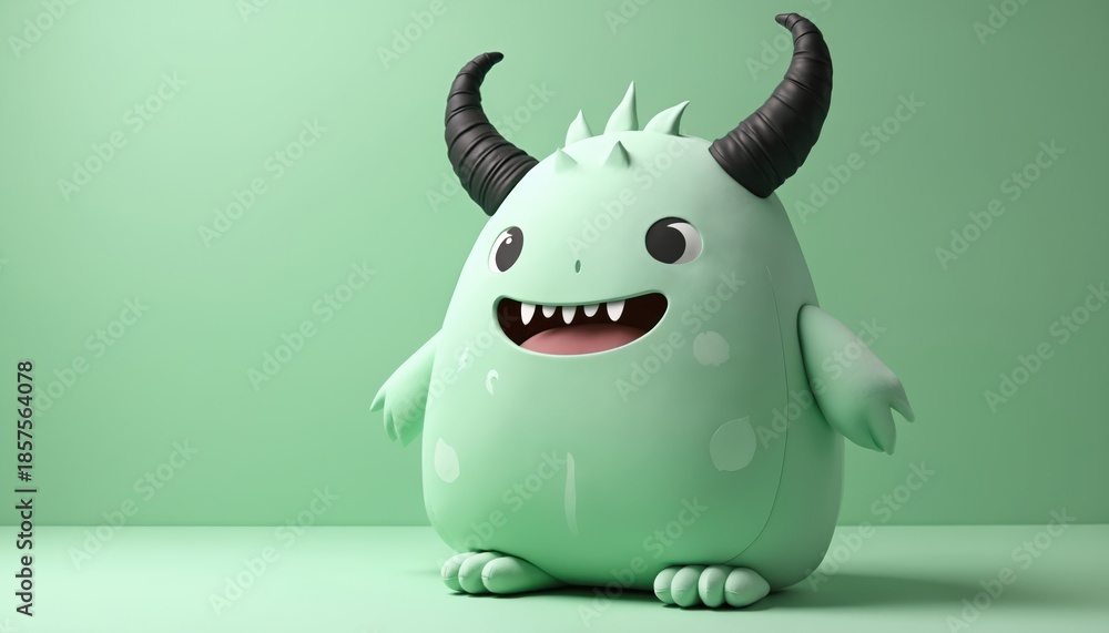 Obraz premium Cute green cartoon monster with black horns sits against a light green backdrop. The plush character has a wide smile showing teeth and big round eyes.