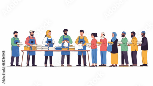 Illustration of diverse people in a line receiving food from volunteers behind a table with a clean white background.