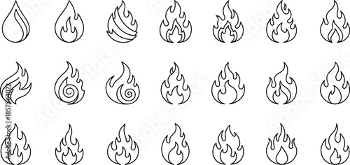Minimal line icon set of fire flames heat energy burning symbols and decorative flame shapes for safety hazard and design concepts