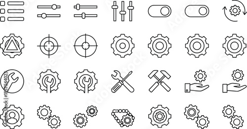 Minimal line icon set of settings controls sliders gears tools and system configuration symbols for user interface and technical design concepts