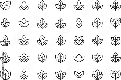 Minimal line icon set of leaves plants foliage nature symbols and botanical elements for eco organic branding sustainability and environmental design concepts