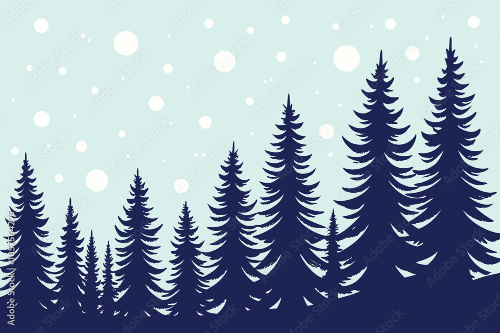 Fototapeta premium Snowy forest landscape with tall evergreen trees on a light blue background with falling snowflakes