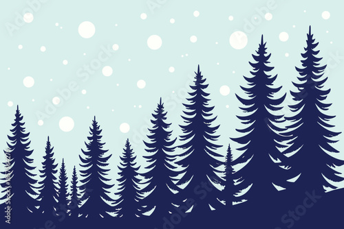 Snowy forest landscape with tall evergreen trees on a light blue background with falling snowflakes