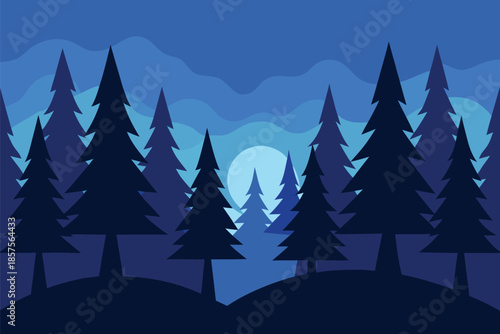 Dark blue silhouette of pine trees against a moonlit night sky