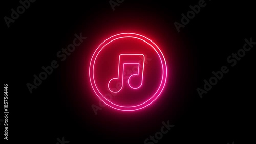 Neon glowing single musical note icon. Neon music icon 4k. Animation music note neon red and pink