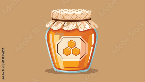 A charming cartoon illustration of a glass jar filled with golden honey, featuring a honeycomb label and a cloth-covered lid.