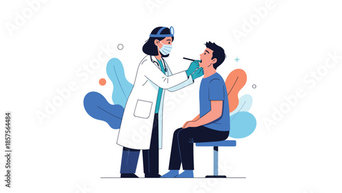 A female doctor wearing a face mask and protective gear using a tongue depressor to examine a male patient's throat.