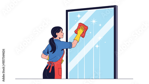 A smiling woman in an apron and rubber gloves cleaning a large, sparkling mirror with a red cloth, representing housekeeping.