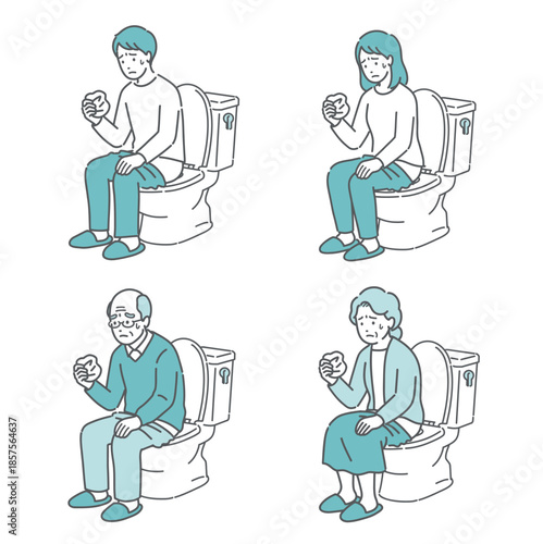 トイレで紙を見て健康チェックする男女・高齢者のイラストセット（血便・検診・早期発見）