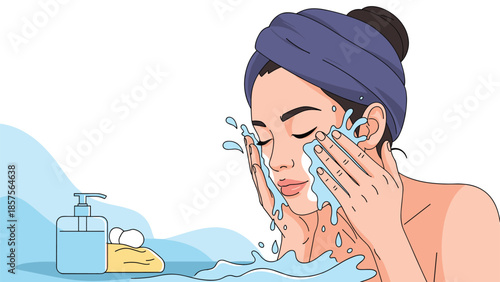 An illustration of a beautiful woman with a towel on her head washing her face with water, soap, and cleanser.