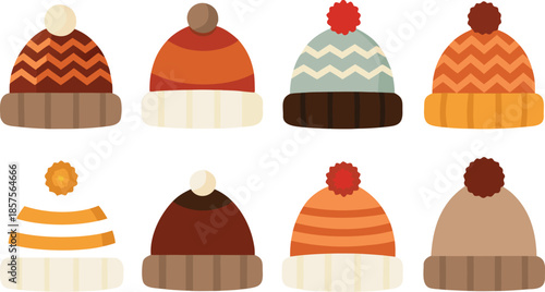 Collection of colorful winter hats with various patterns and designs