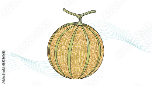A detailed, hand-drawn illustration of a whole ripe cantaloupe melon with its distinctive netted skin and stem intact.