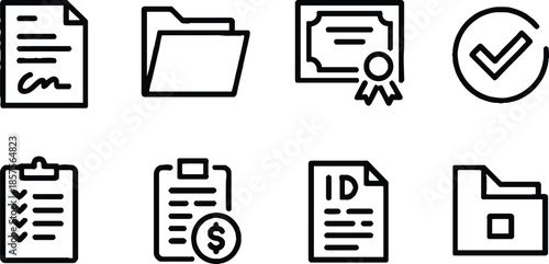 Document line icon set. Documents symbol collection. Documents linear icon collection. Containing contract papers, folder, certificate, accept, approved, clipboard, invoice, archive and more.