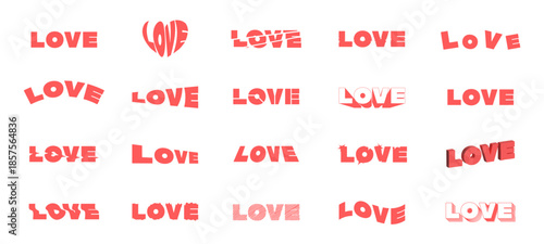 Love Word Typography Lettering Set. Modern Romantic Valentine Phrases in bold display font styles, wavy, glitch, outline and 3D for posters, cards. Vector art.
