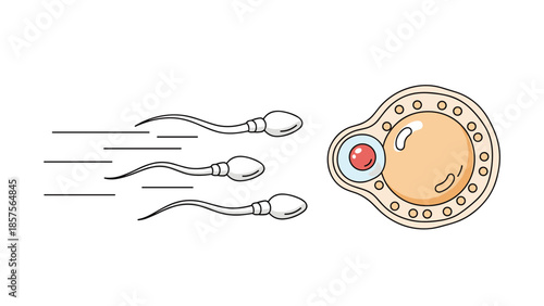 A scientific diagram illustrating the process of fertilization, with several sperm cells swimming towards a single human egg cell.
