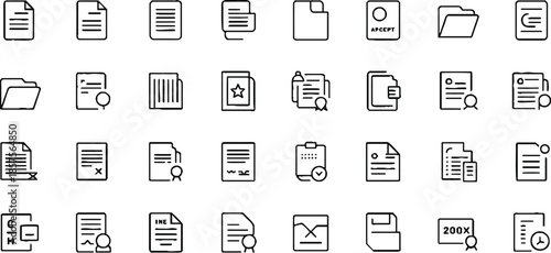 Document line icon set. Documents symbol collection. Documents linear icon collection. Containing contract papers, folder, certificate, accept, approved, clipboard, invoice, archive and more.