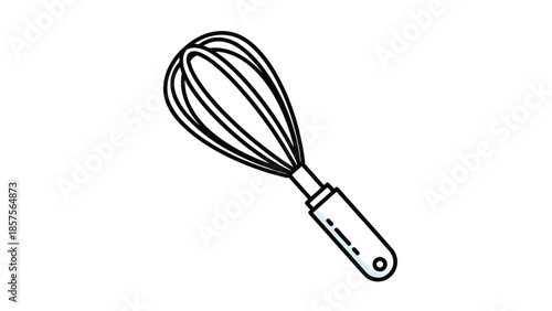 A simple black and white line art icon of a balloon whisk, a common kitchen utensil used for blending and whipping.