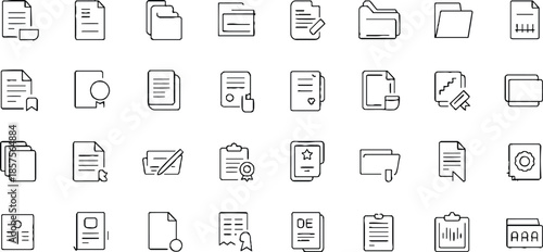 Document line icon set. Documents symbol collection. Documents linear icon collection. Containing contract papers, folder, certificate, accept, approved, clipboard, invoice, archive and more.
