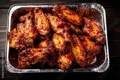 Overhead view of sticky, glazed barbecue chicken wings served hot in an aluminum foil delivery tray. Juicy fast food or restaurant takeout platter on a dark wooden surface.