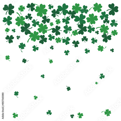Falling Green Clover Leaves Background. Vector Illustration of Shamrock Confetti for St. Patrick's Day Greeting Card or Banner Design.