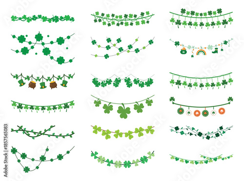 St. Patrick's Day Clover Garland and Divider Set. Vector Greenery Borders with Shamrock, Pot of Gold, and Rainbow for Holiday Web Decoration.