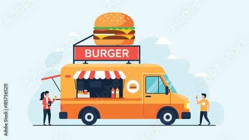 A vibrant illustration of an orange food truck with a large burger on the roof, serving customers in an urban setting.