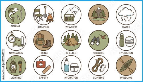 Set of 16 circular icons for camping essentials and outdoor survival activities, ideal for vector illustration content