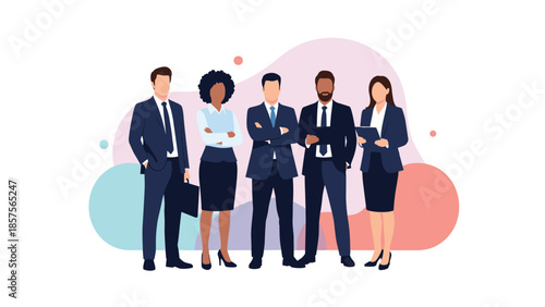 A diverse group of professional business people in formal suits standing together, representing a successful corporate team.