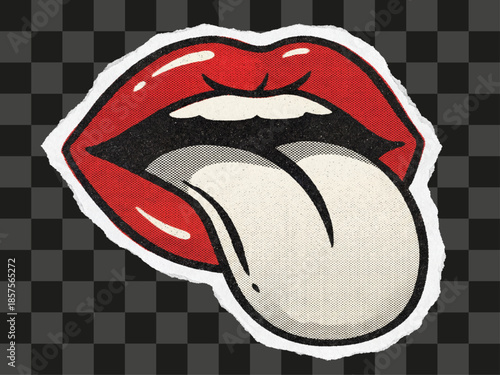 mouth with tongue, red lips and rough torn paper, vintage distressed sticker design, rock and roll aesthetic