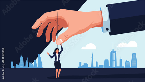A conceptual illustration of a giant hand manipulating a businesswoman on a string like a puppet, symbolizing control and micromanagement.