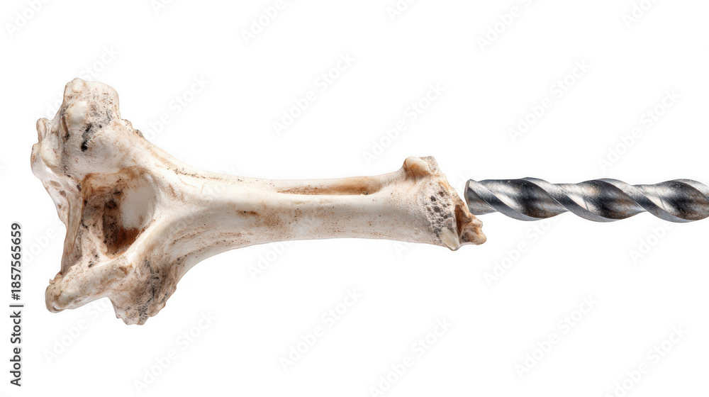 Fototapeta premium Close up of a drill bit entering a bone structure, highlighting the concept of bone drilling or medical procedures involving bone penetration, isolated on a transparent background