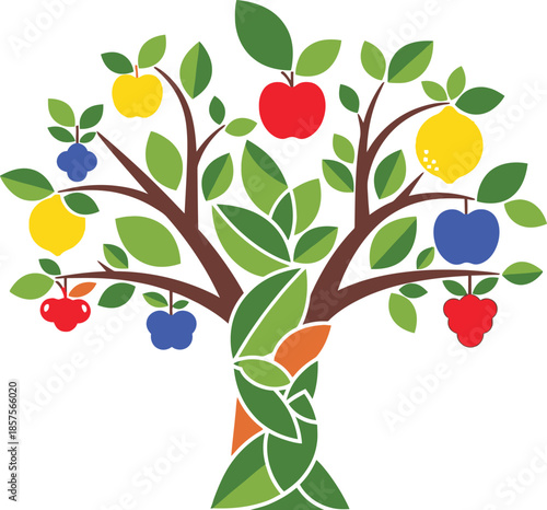 colorful tree with apples and lemons on white background