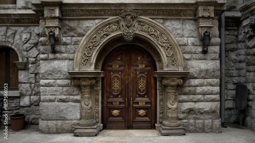 Wallpaper Mural A grand entrance featuring a heavily ornamented wooden door set in a textured stone facade. Architectural detail is prominent Torontodigital.ca