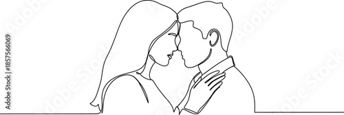Continuous line drawing of couple about to kiss