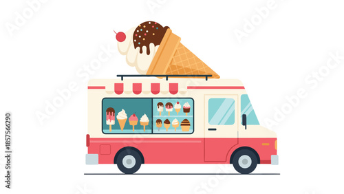 A cute pink and white ice cream truck with a giant ice cream cone on the roof, shown in a flat, cartoon style.