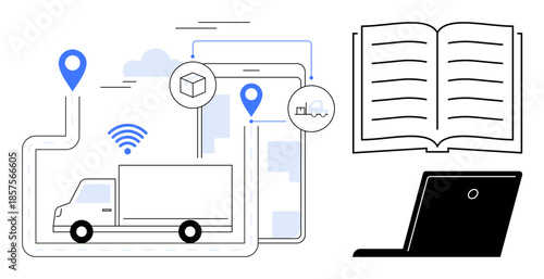 Supply chain, e-commerce logistics, online tracking, technology education, digital navigation, freight transportation. Delivery truck with tracking, tablet open book and laptop. Logistics