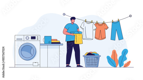 A young man doing laundry chores at home, hanging freshly washed clothes on a clothesline next to a washing machine.