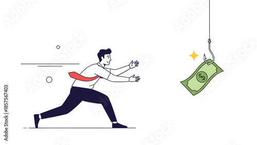 A cartoon businessman running and reaching for a dollar bill dangling from a fishing hook, illustrating a financial trap or greed.