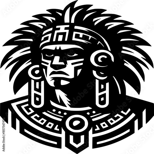 Intricate Aztec Warrior Illustration: A striking black and white depiction of a powerful Aztec warrior, adorned in elaborate headwear and ceremonial regalia.