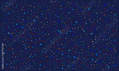 Abstract multicolored confetti pattern on deep blue vector background. Festive scattered dots texture suitable for textile print, party wrapping paper, wallpaper, and digital scrapbooking designs.
