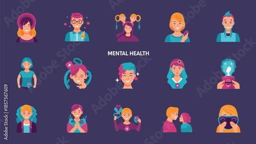 Collection of diverse user avatars illustrating various aspects of emotional well being and positive mental health concepts in a modern flat design style